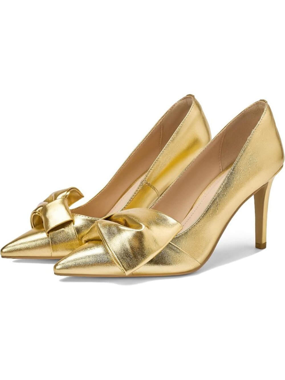 Women's Pu Gold Bow Heels Closed Pointed Toe Pumps Slip on Wedding Dress Shoes